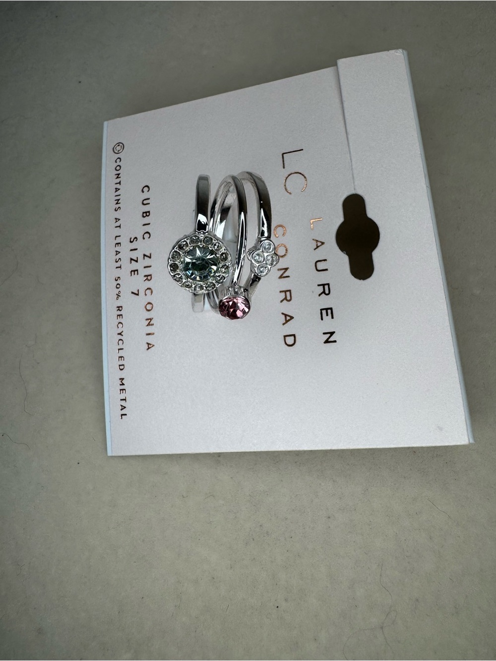 New LC Lauren Conrad Silver Stackable Ring Set with Clear and Pink Stones size 7